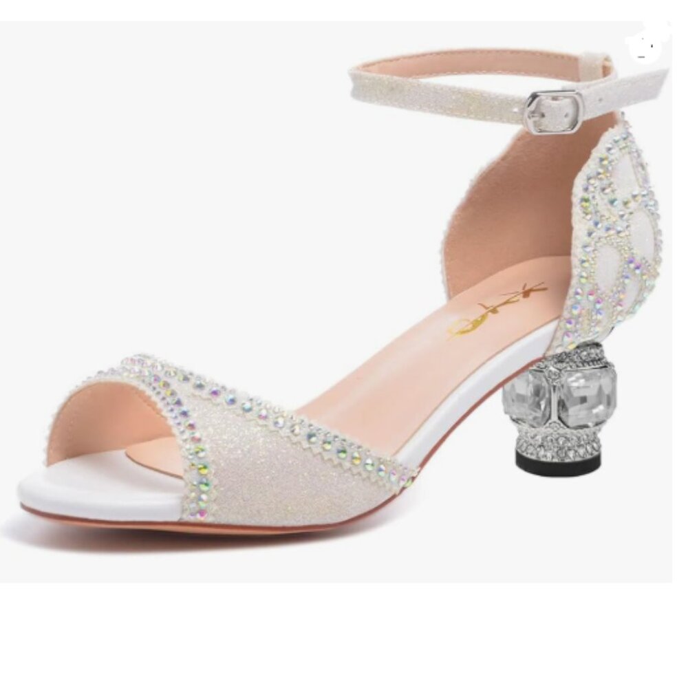 XYD White Bridal Evening Heels Peep Toe Rhinestone Studs Block Low Heeled Sandal